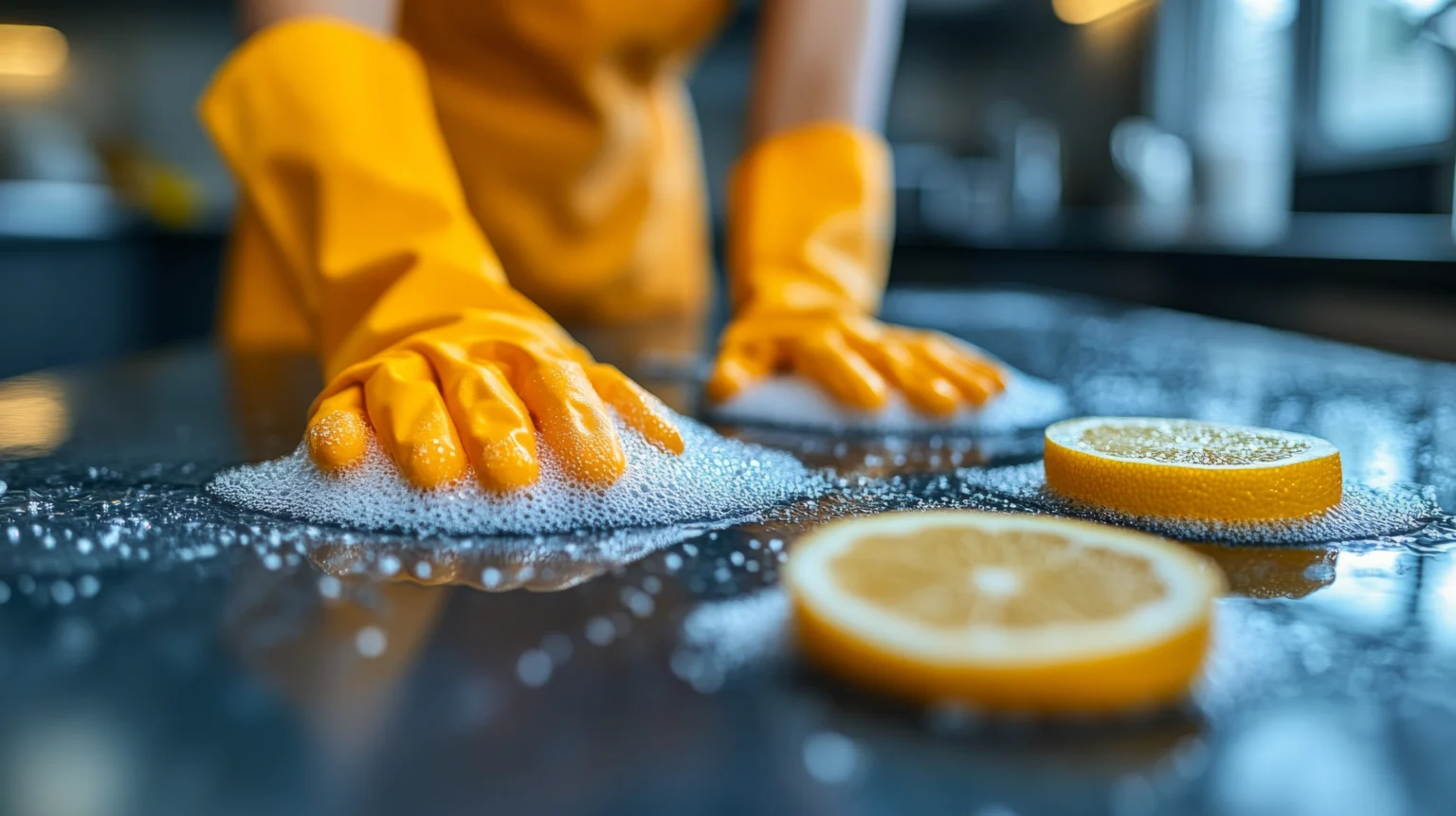 Cleaning kitchen countertop with soapy water in a cozy home during the afternoon