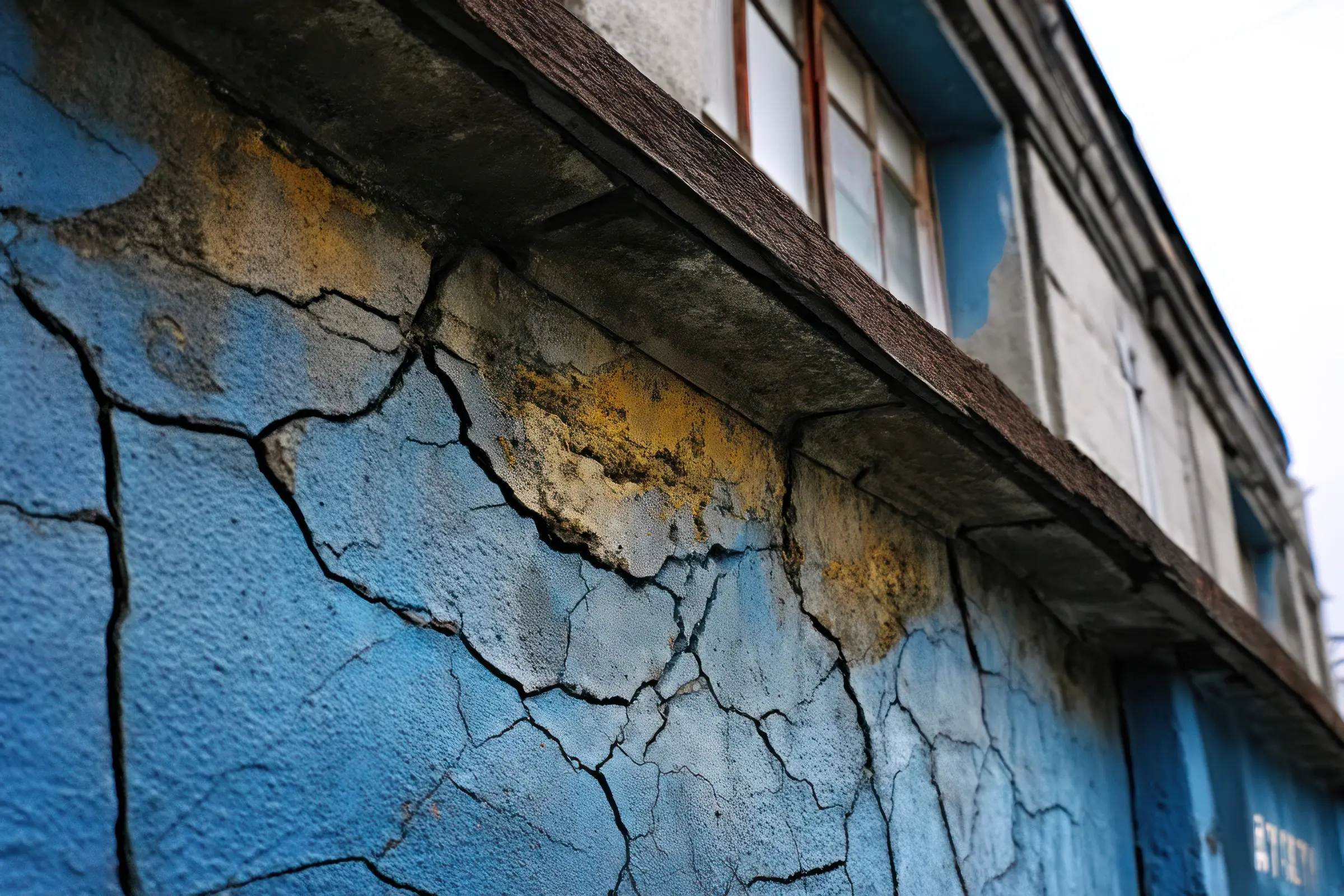 Cracked blue wall fades to yellow on old building, urban, daylight background